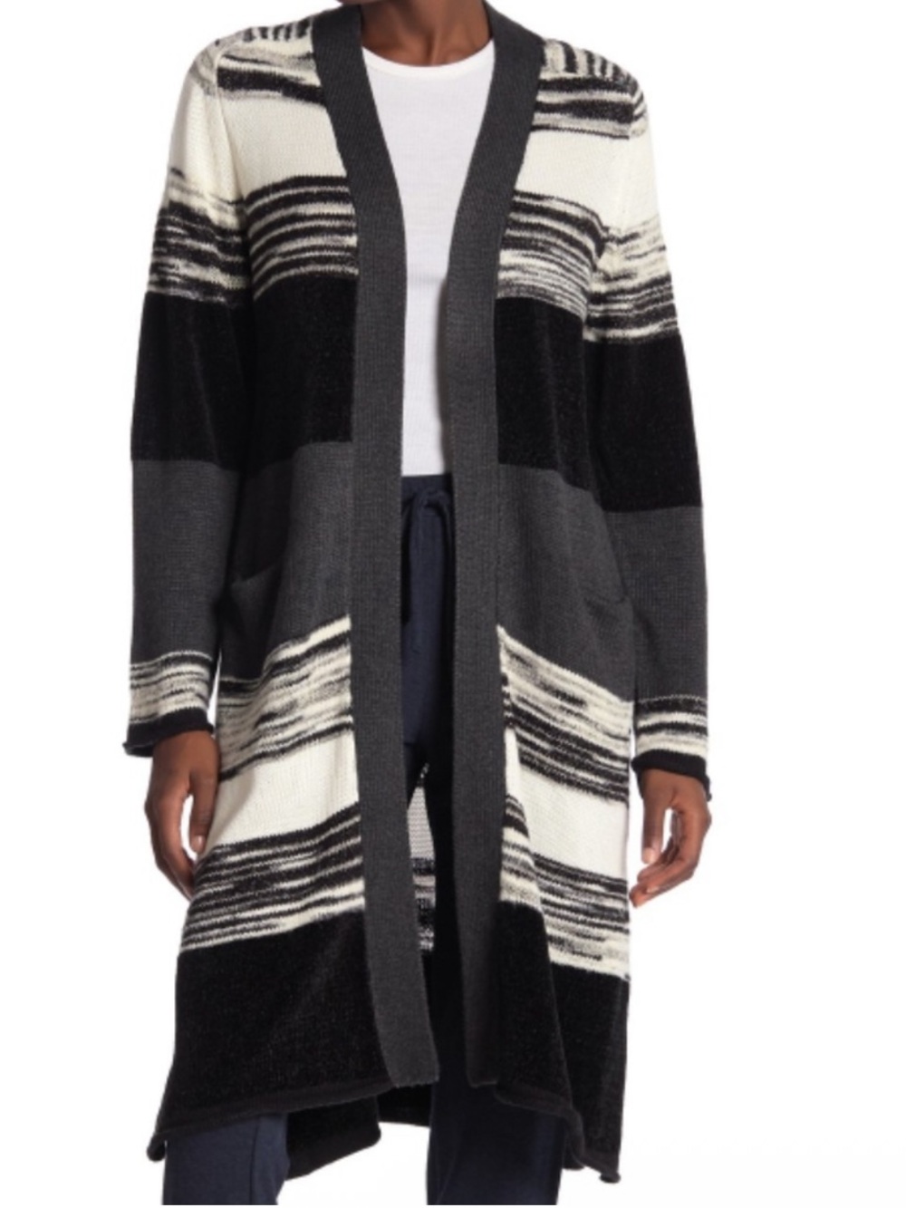 Michael Stars Black, Gray & White Striped Open-Front Cardigan Size Small